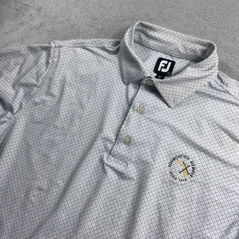 FootJoy Mens Golf Polo Shirt Large White Blue Geometric FSGA Foundation Member